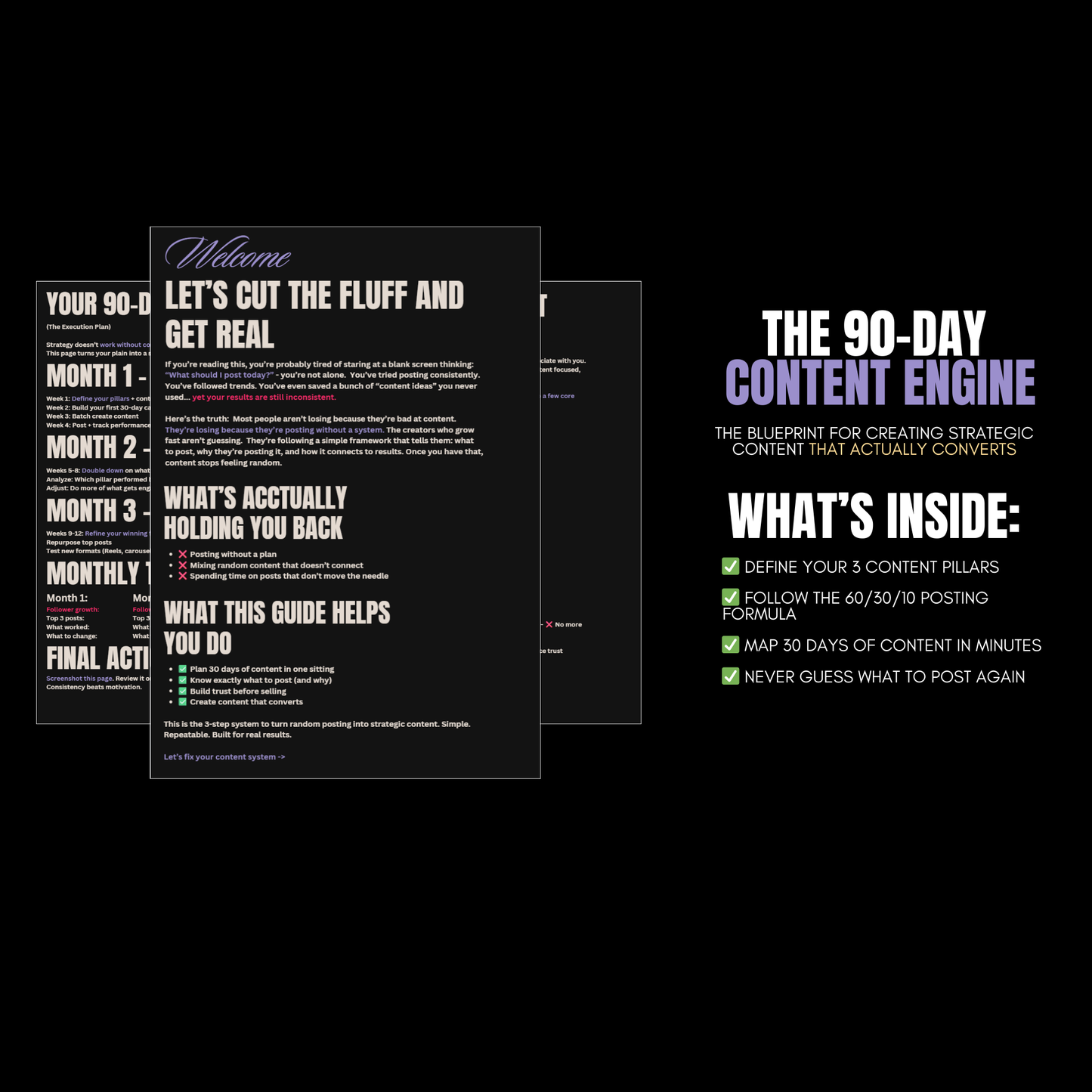 Social media content planner preview showing content pillars and 30-day planning calendar